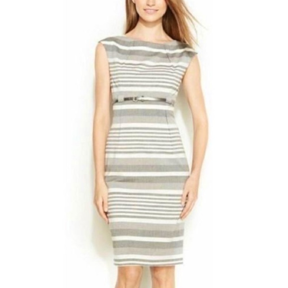 Calvin Klein cap sleeve mini sheath dress in gray and white stripes size 6